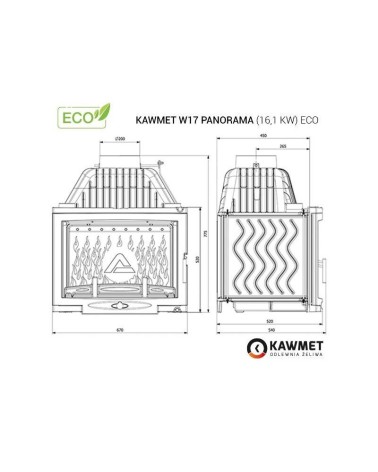 Ketaus įdėklas židiniui KAWMET W17 Panorama 16,1 kW ECO